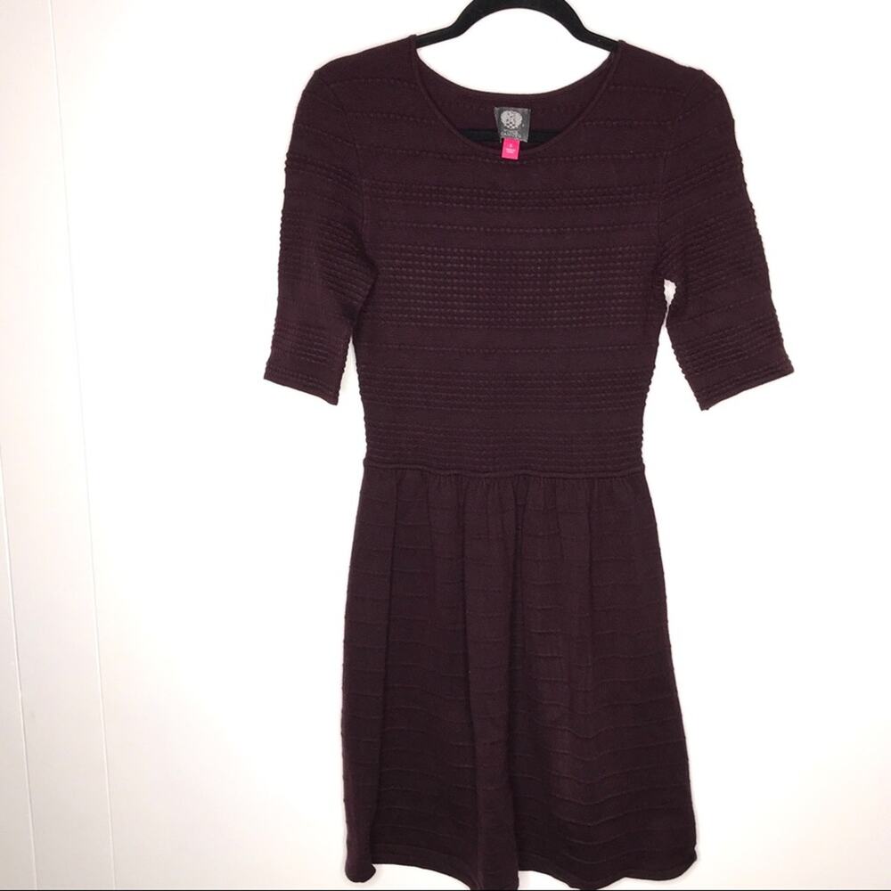 Vince Camuto Size Small Knit Maroon Stretchy Sweater Dress-Fit N Flare-Modest